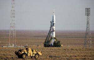 ROCKET SOYUZ WITH PILOTED SPACESHIP PUT ON BAIKONUR LAUNCHING PAD