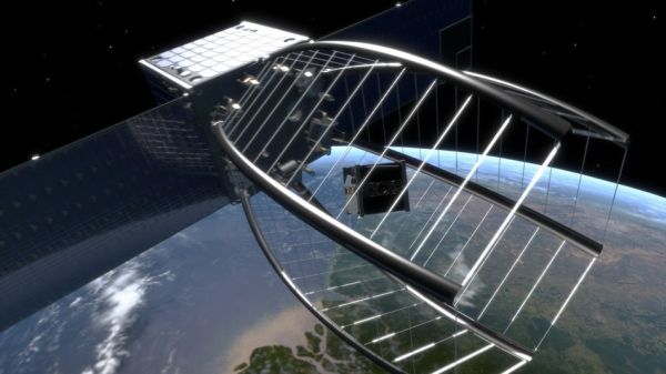 THIS CLEANUP SATELLITE IS DESIGNED TO GOBBLE UP SPACE DEBRIS LIKE PAC-MAN