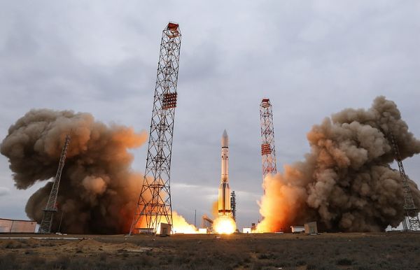 PROTON-M WITH TELEVISION SATELLITE ERECTED ON BAIKONUR LAUNCH PAD