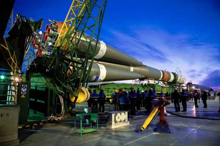 SOYUZ ROCKET POSITIONED ON LAUNCH PAD FOR STATION RESUPPLY FLIGHT