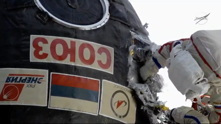 RUSSIAN SPACEWALKERS CUT INTO SOYUZ SPACESHIP TO INSPECT LEAK REPAIR