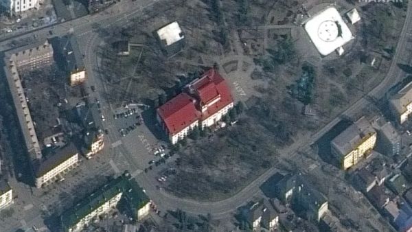 SATELLITE PHOTO SHOWS WORD 'CHILDREN' IN FRONT OF NOW-DESTROYED UKRAINIAN THEATER