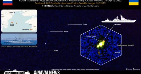 SATELLITE IMAGE PINPOINTS RUSSIAN CRUISER MOSKVA AS SHE BURNED