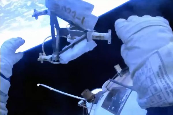 RUSSIAN COSMONAUTS TOSS OLD EQUIPMENT OVERBOARD ON ISS SPACEWALK