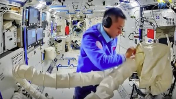 CHINESE ASTRONAUTS CHECK OUT NEWLY DELIVERED SPACE STATION SUPPLIES